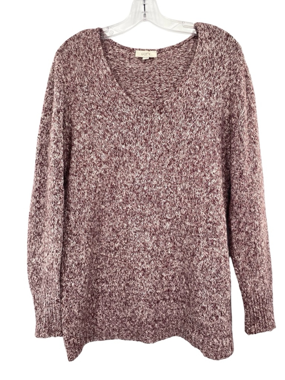 Loft Burgundy Oatmeal Marled V-Neck Knit Tunic Sweater Medium